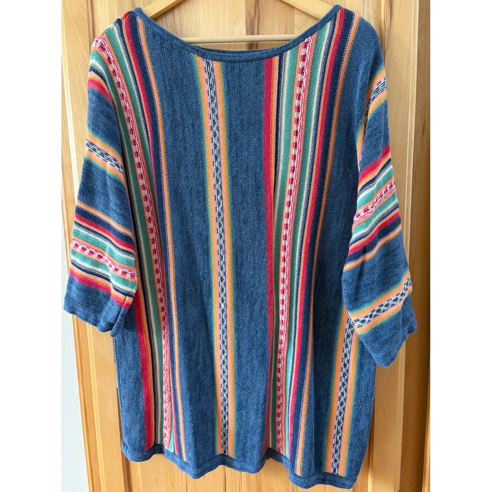 Chaps Women 2X Blue Multi Color Striped Knit Sweater 3/4 Sleeve Cotton Linen